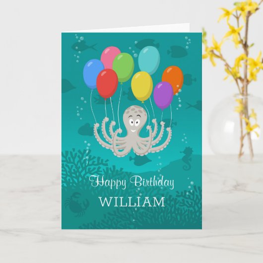 ハッピーバースデーかわいいおもしろいタコ風船 カード (黄色い花)