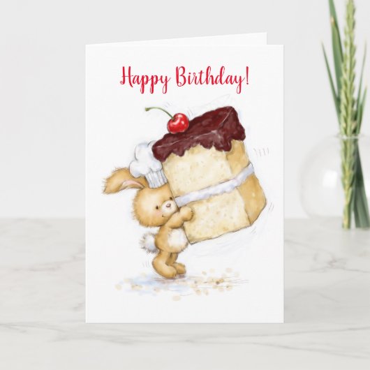 ハッピーバースデーかわいいウサギ巨大なケーキ持って。 カード (正面)