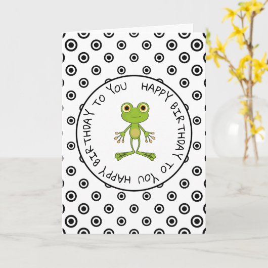 ハッピーバースデーかわいいカエル白黒のカード カード (黄色い花)