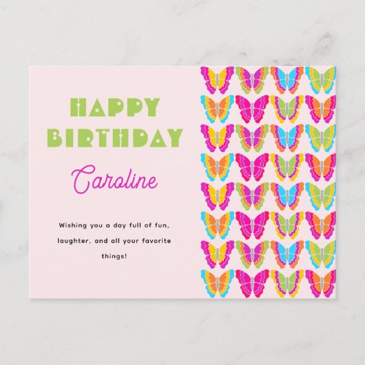ハッピーバースデーかわいいカラフル蝶ガールネーム ポストカード (正面)