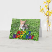 ハッピーバースデーかわいいコーギパピーフォトレインボー カード (黄色い花)