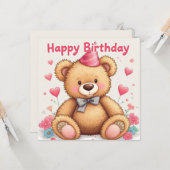 ハッピーバースデーかわいいテディベアとピンクのハート カード (正面/裏面インサイチュ)