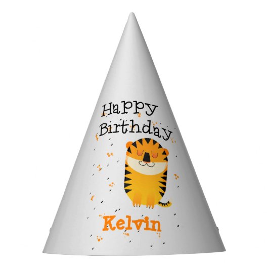 ハッピーバースデーかわいいトラ名前をカスタムするグレー パーティーハット (正面)