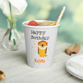 ハッピーバースデーかわいいトラ名前をカスタムするグレー 紙コップ
