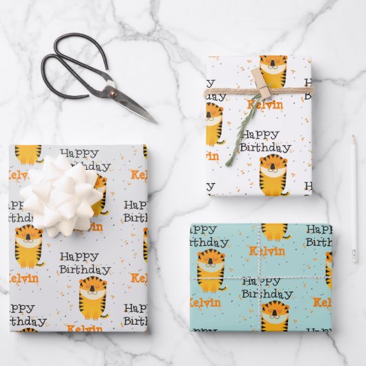 ハッピーバースデーかわいいトラ名前をカスタムする ラッピングペーパーシート (正面)