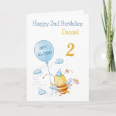 ハッピーバースデーかわいいハチとバルーンブルーの挨拶 カード (正面)