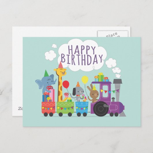 ハッピーバースデーかわいい動物園の動物キャラクター列車 ポストカード (正面/裏面)