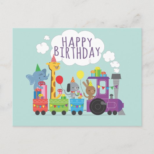 ハッピーバースデーかわいい動物園の動物キャラクター列車 ポストカード (正面)