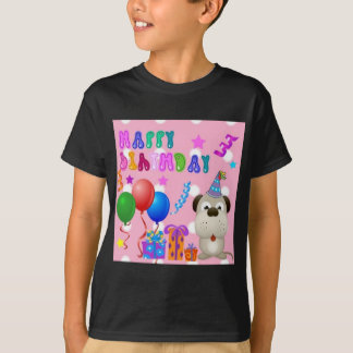 ハッピーバースデーかわいい子犬とケーキとギフトピンク Tシャツ
