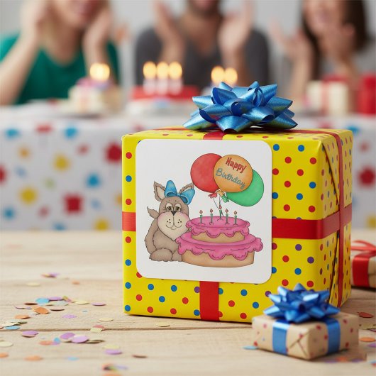 ハッピーバースデーかわいい子犬と風船とケーキ スクエアシール