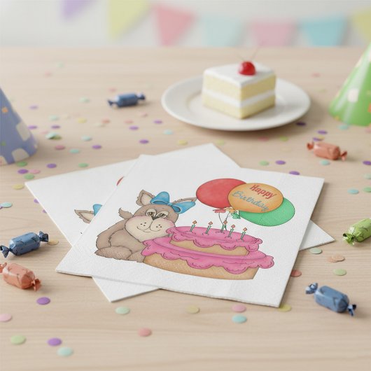 ハッピーバースデーかわいい子犬と風船とケーキ スタンダードランチョンナプキン