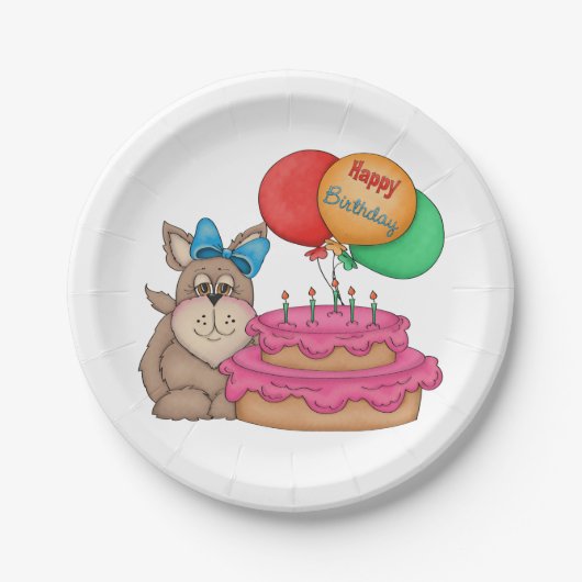 ハッピーバースデーかわいい子犬と風船とケーキ ペーパープレート (正面)