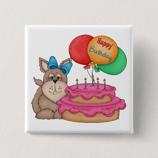 ハッピーバースデーかわいい子犬と風船とケーキ 缶バッジ (正面)