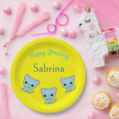 ハッピーバースデーかわいい弾みのある青い子猫イエロー ペーパープレート (パーティー)
