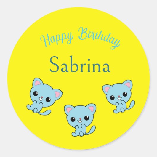 ハッピーバースデーかわいい弾みのある青い子猫イエロー ラウンドシール (正面)