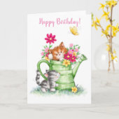 ハッピーバースデーかわいい水缶猫 カード (黄色い花)