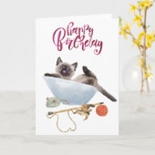 ハッピーバースデーかわいい水色シャム猫 カード (黄色い花)