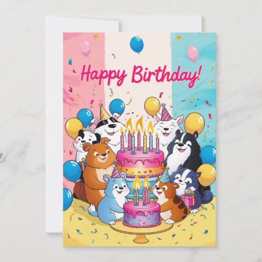 ハッピーバースデーかわいい漫画の動物お誕生日ケーキ シーズンカード (正面)