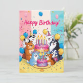 ハッピーバースデーかわいい漫画の動物お誕生日ケーキ シーズンカード (スタンド正面)