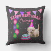ハッピーバースデーかわいい犬とケーキ水玉模様 クッション (裏面)