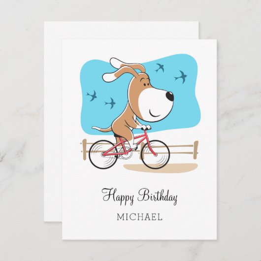 ハッピーバースデーかわいい犬の子犬サイクリング自転車カード (正面/裏面)