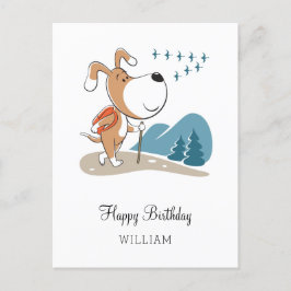 ハッピーバースデーかわいい犬の子犬ハイキングウッドランド ポストカード
