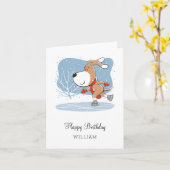 ハッピーバースデーかわいい犬パピーアイススケートで滑る おもしろい カード (黄色い花)