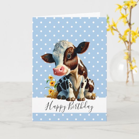 ハッピーバースデーかわいい男の子の茶色のカウカード カード (黄色い花)