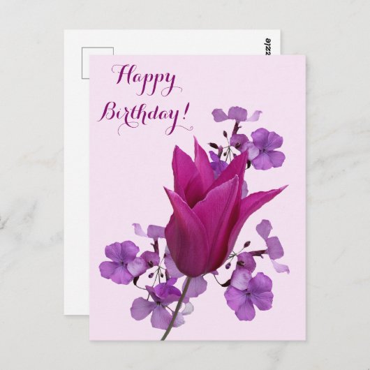 ハッピーバースデーかわいらしピンクのチューリップフローラ美 ポストカード (正面/裏面)