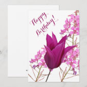 ハッピーバースデーかわいらしピンクのチューリップ美しいフローラ 招待状 (正面/裏面)