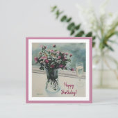 ハッピーバースデーかわいらしピンクの花フローラ素晴らしアート シーズンカード (スタンド正面)