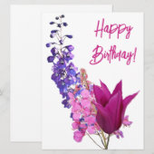 ハッピーバースデーかわいらしピンクチューリップ紫フローラおもしろい シーズンカード (正面/裏面)