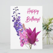 ハッピーバースデーかわいらしピンクチューリップ紫フローラおもしろい シーズンカード (スタンド正面)