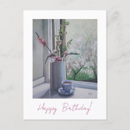 ハッピーバースデーかわいらしピンク春の花フローラ ポストカード