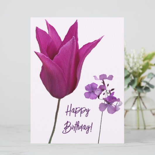 ハッピーバースデーかわいらしピンク紫フローラモダン シーズンカード (スタンド正面)
