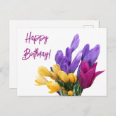 ハッピーバースデーかわいらしフローラカラフルクロッカス シーズンポストカード (正面/裏面)