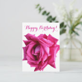 ハッピーバースデーかわいらしホットピンクバラカラーフローラ ポストカード (スタンド正面)