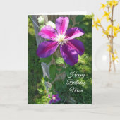 ハッピーバースデーかわいらしマムパープルフラワークレマティス カード (黄色い花)