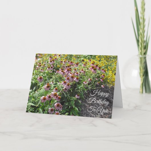 ハッピーバースデーかわいらし紫と黄色の花 カード (正面)