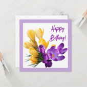 ハッピーバースデーかわいらし紫色の黄色いフローラ カード (正面/裏面インサイチュ)