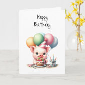 ハッピーバースデーがケーキの風船で疲れ切る時間 カード (黄色い花)