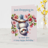 ハッピーバースデーが可愛い鳥に落ちる カード (黄色い花)