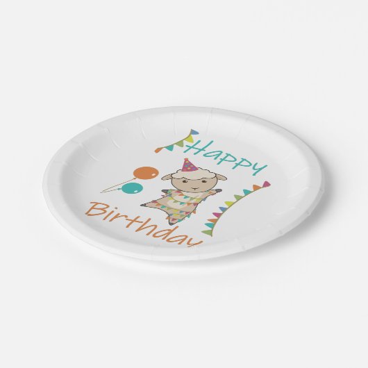 ハッピーバースデーが羊の可愛い動物を願う ペーパープレート (アングル)
