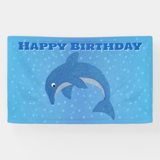 ハッピーバースデーが青いイルカのように輝きを飛び跳ねる 横断幕 (横)