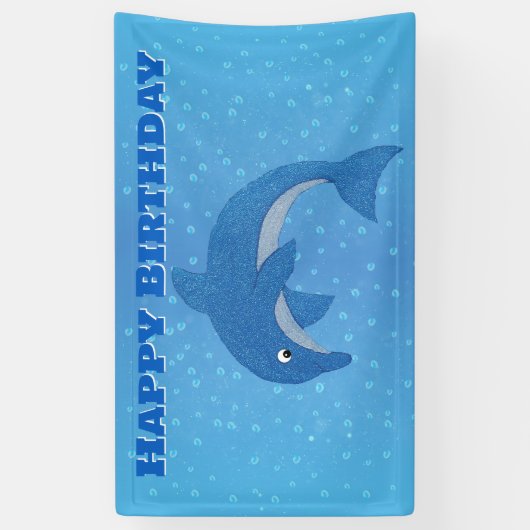 ハッピーバースデーが青いイルカのように輝きを飛び跳ねる 横断幕 (縦)