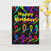 ハッピーバースデーとカラフルハート カード (黄色い花)