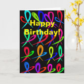 ハッピーバースデーとカラフルハート カード (黄色い花)