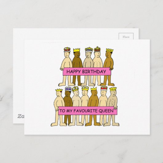 ハッピーバースデーとクイーンお気に入りのゲイユーモア ポストカード (正面/裏面)
