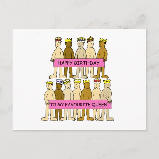 ハッピーバースデーとクイーンお気に入りのゲイユーモア ポストカード (正面)