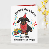 ハッピーバースデーとダシュント・ドッグの赤バンダナ カード (黄色い花)